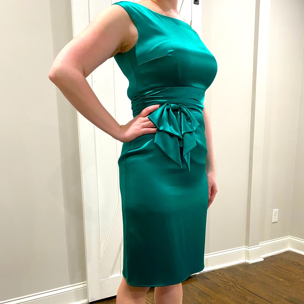 Green Satin Day Dress with Bow Detail